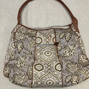 Elegant Floral Women's Shoulder Bag in Brown and Cream